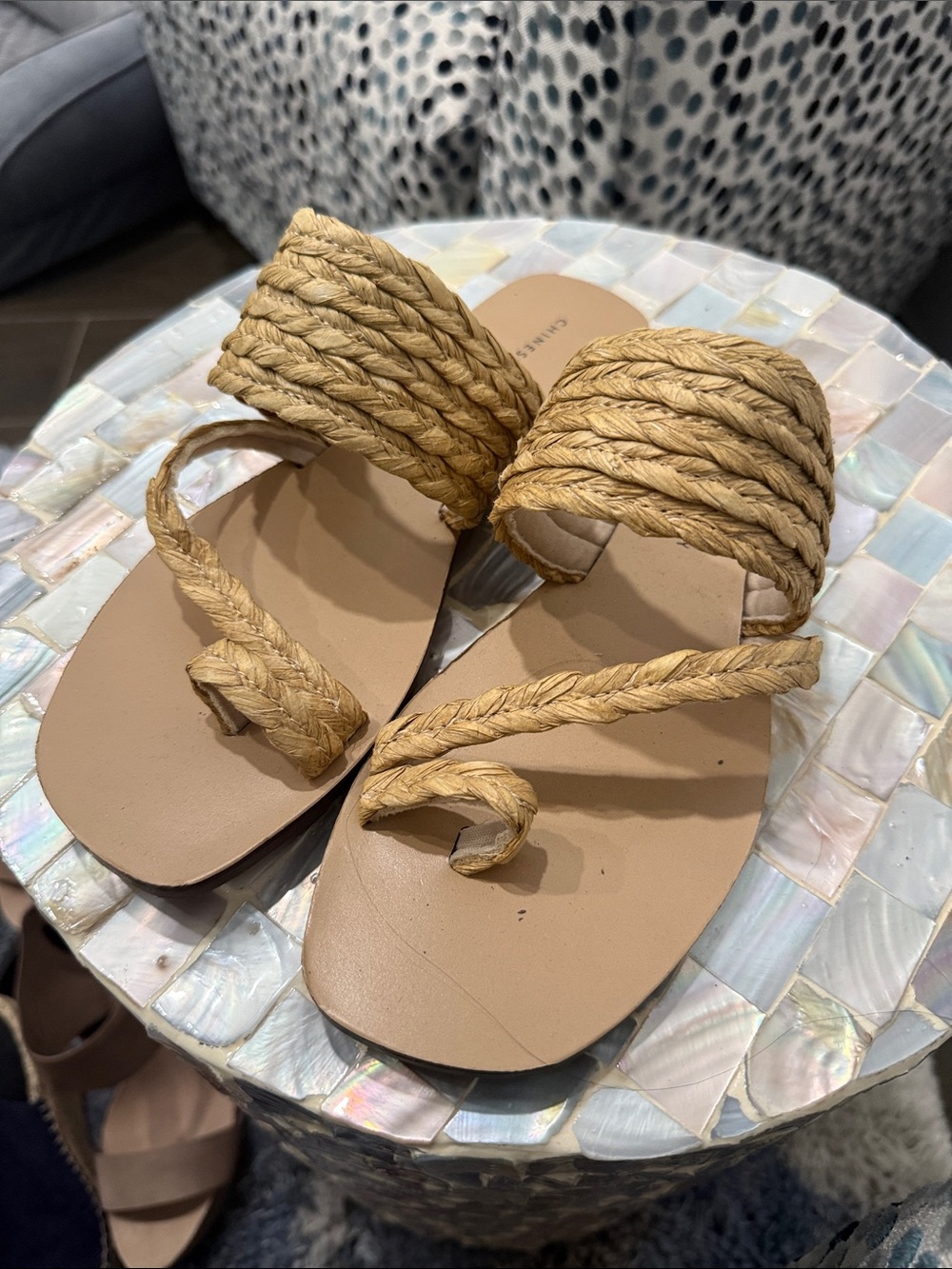 Chinese Laundry Braided Straw Toe-Loop Slide Sandals in Tan